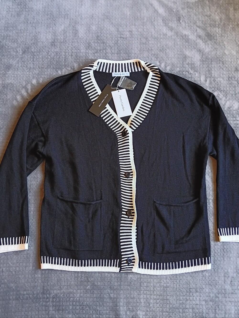 NWT Pretty Garden Black Cardigan Sweater W/ White Stripe Trim Womens Extra Large - Picture 3 of 8